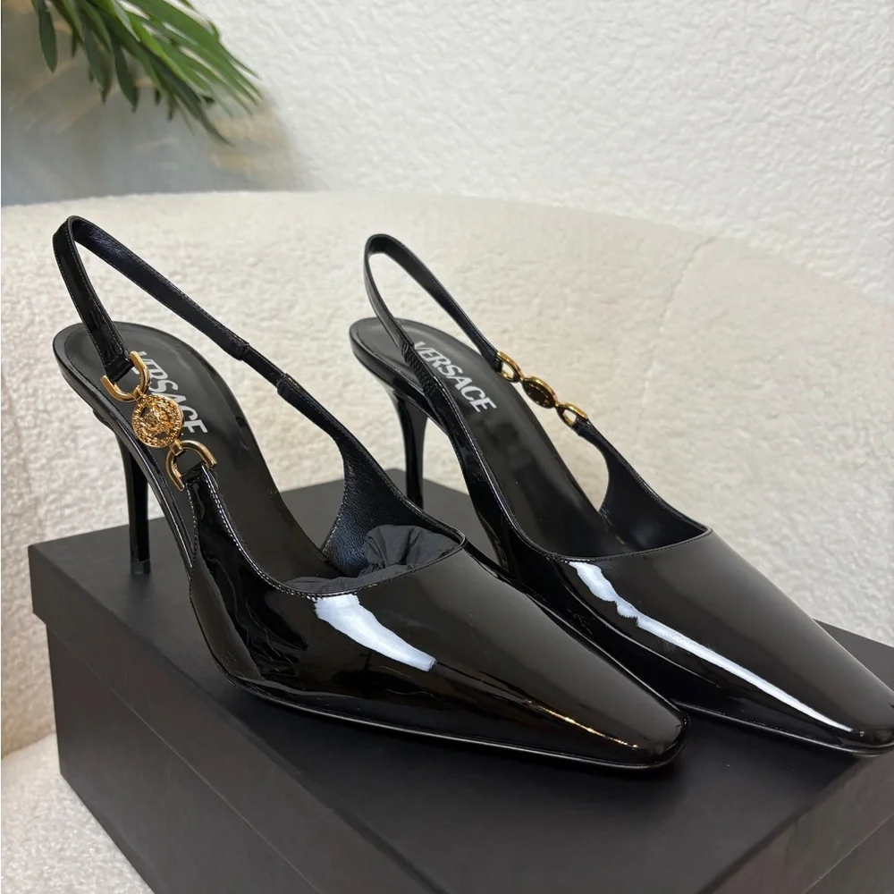 Sold-Versace Black Slingback Heels with Medusa 85mm 38 - Picture 2 of 7
